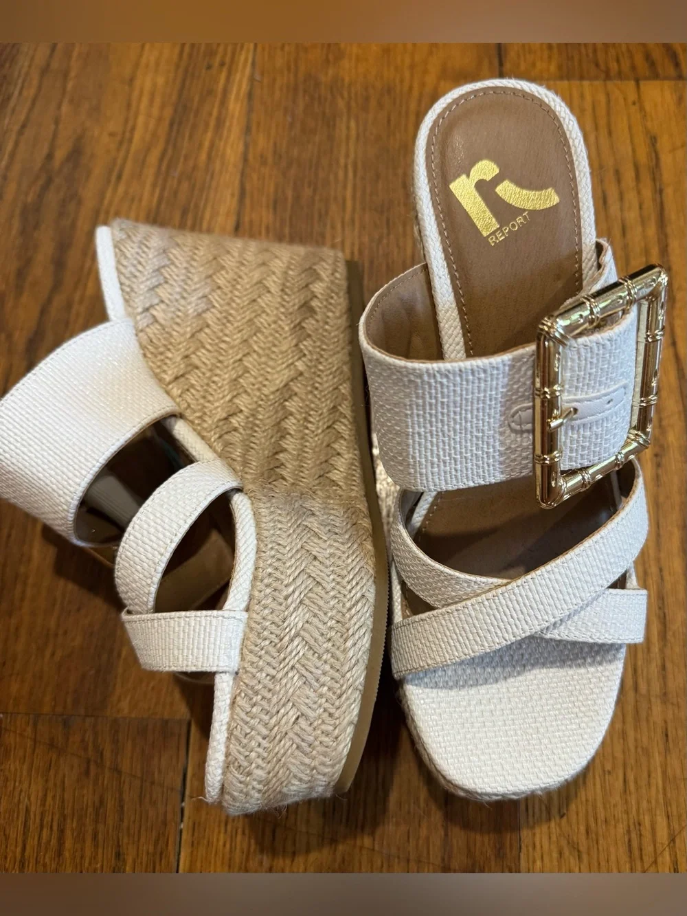 Report Cream Woven Wedge Sandals with Gold Buckle Detail